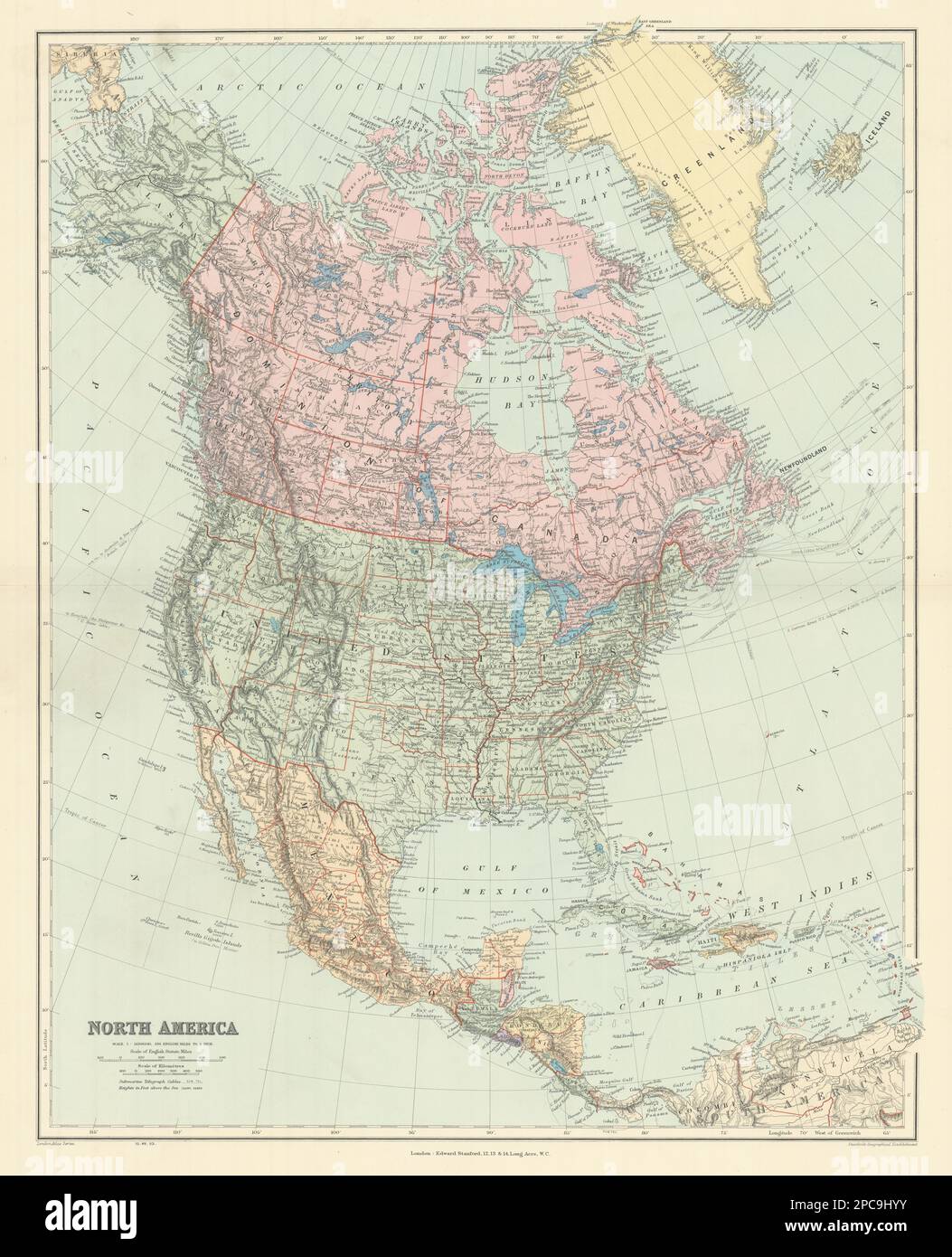 North America Manitoba postage stamp USA Canada. STANFORD 1904 old antique map Stock Photo