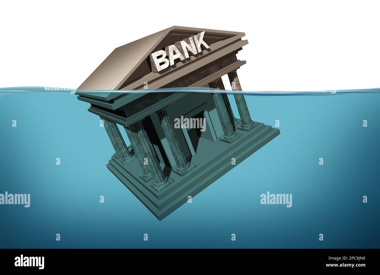 Bank Crisis and Banking system drowning in debt as a financial instability or insolvency concept as an  urgent business and global market problem as a Stock Photo