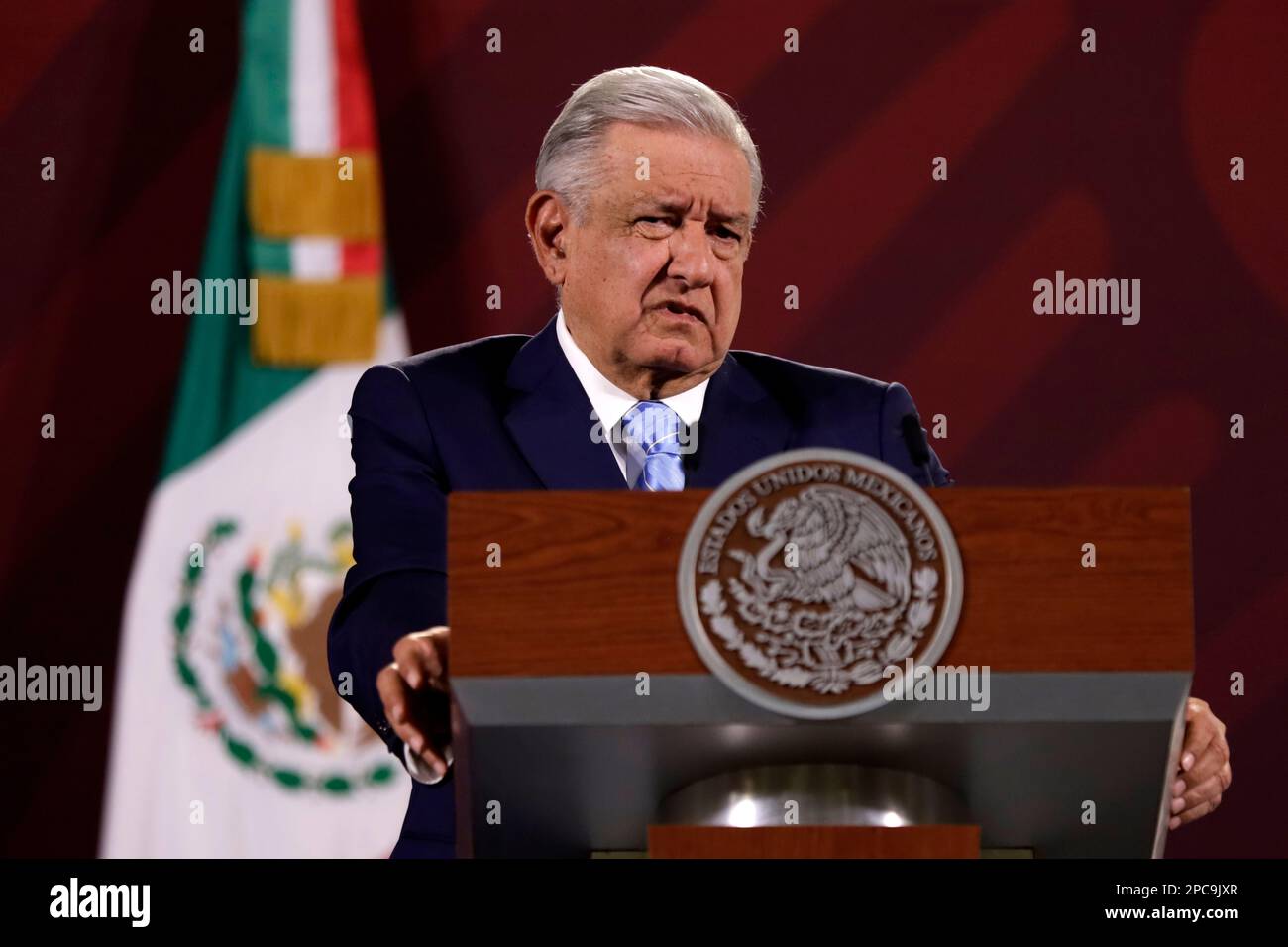 March 13, 2023, Mexico City, Mexico: The President of Mexico, Andres Manuel Lopez Obrador during the press conference before reporters at the National Palace in Mexico City. on March 13, 2023 in Mexico City, Mexico (Photo by Luis Barron / Eyepix Group). Stock Photo