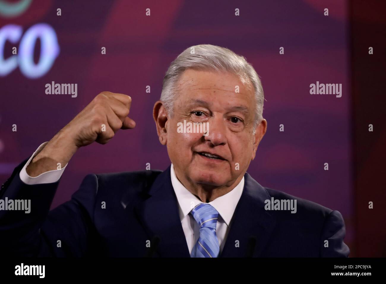 Mexico City, Mexico. 13th Mar, 2023. The President of Mexico, Andres Manuel Lopez Obrador during the press conference before reporters at the National Palace in Mexico City. on March 13, 2023 in Mexico City, Mexico (Credit Image: © Luis Barron/eyepix via ZUMA Press Wire) EDITORIAL USAGE ONLY! Not for Commercial USAGE! Credit: ZUMA Press, Inc./Alamy Live News Stock Photo