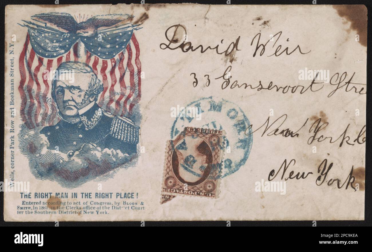Civil War envelope showing portrait of Lieutenant General Winfield Scott in front of eagle and American flag banner with message 'The right man in the right place!'. Title devised by Library staff, Addressed to David Weir, 33 Gansevoort Stre[et], New York C[ity], New York; bears 3 cent stamp; postmarked in Baltimore, Jul. 30[?], Entered according to act of Congress by Bloom & Smith, in 1861, in the Clerks office of the District Court for the Southern District of New York, Gift; Tom Liljenquist; 2012; (DLC/PP-2012:127), pp/liljmem. Scott, Winfield, 1786-1866, Eagles, 1860-1870, Symbols, 1860-18 Stock Photo