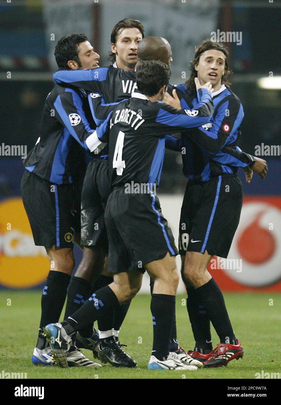 Inter Milan forward Hernan Crespo of Argentina, right, celebrates with his  teammates Fabio Grosso, left, Zlatan Ibrahimovic, center, of Sweden,  Patrick Vieira of France and Javier Zanetti of Argentina, back to camera,
