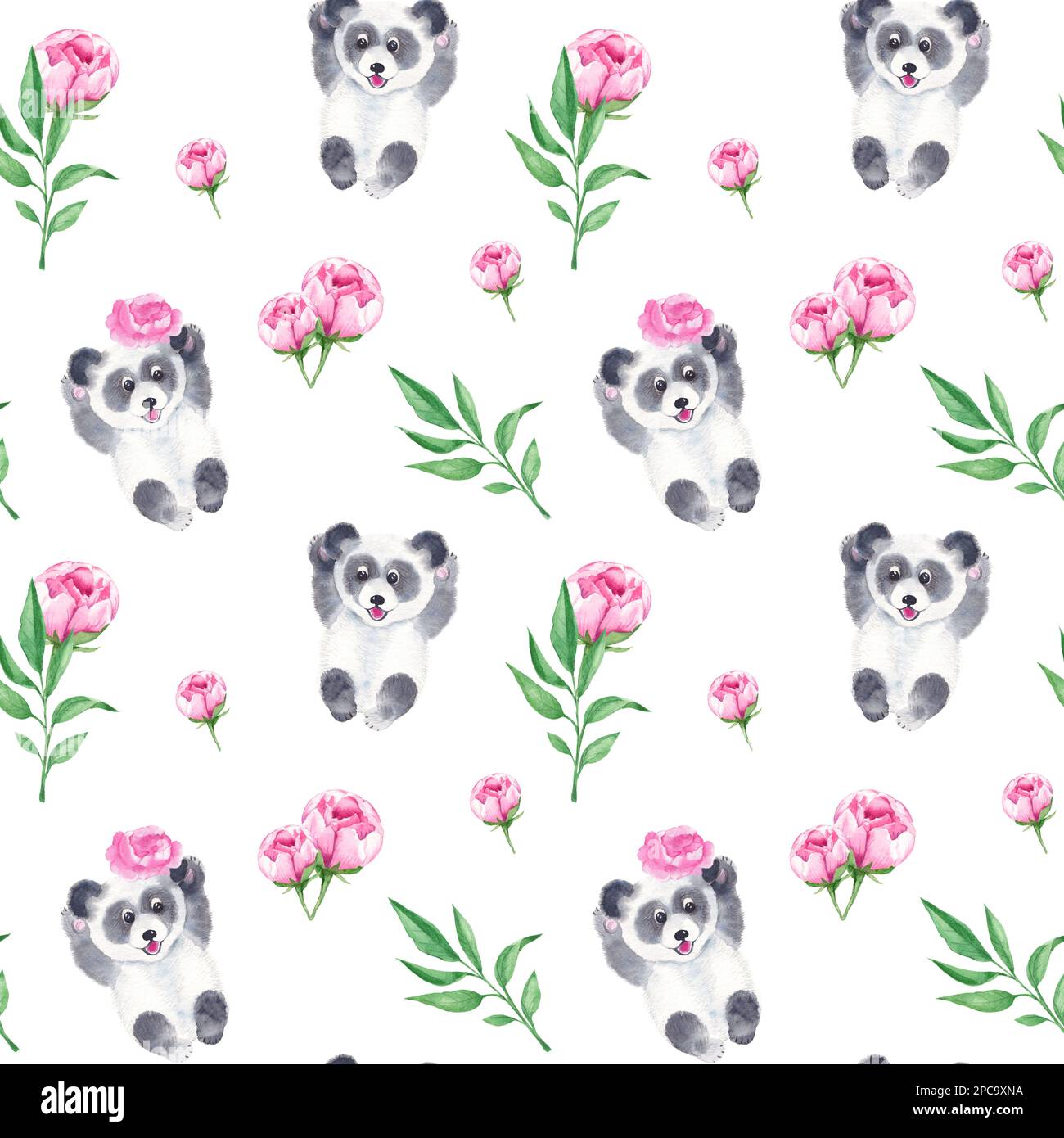 Seamless pattern with cute panda and peony flowers. Watercolor hand drawn illustration Stock ...