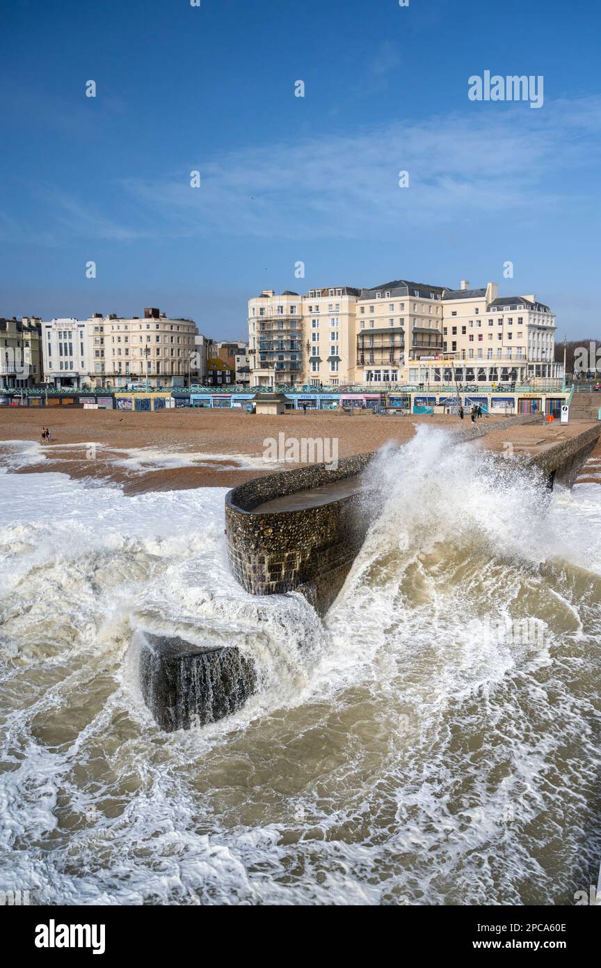 Brighton, UK. 13th Mar, 2023. High winds cause huge waves to crash on the seafront as stormy weather hit the south coast of the UK. The cold spring UK weather is forecast to continue for a few more days. Credit: Julian Eales/Alamy Live News Stock Photo