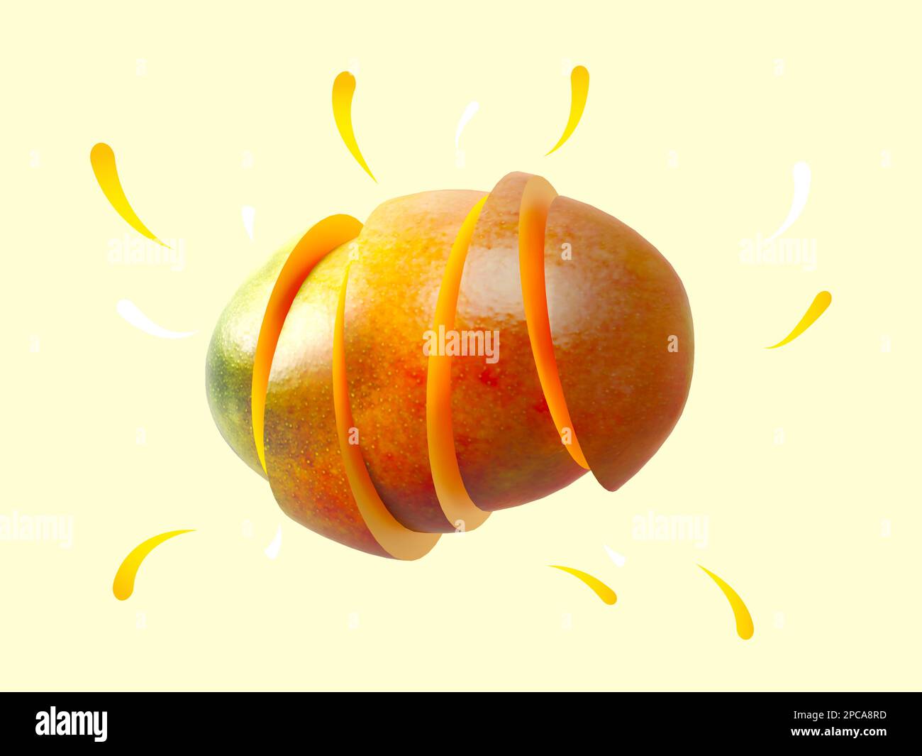 One sliced mango isolated on yellow background. Floating tasty ripe