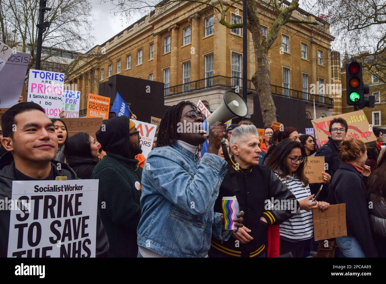 London, UK. 13th March 2023. Thousands of junior doctors and supporters gathered outside Downing Street demanding full pay restoration for junior doctors as they begin their 72-hour strike. Credit: Vuk Valcic/Alamy Live News Stock Photo