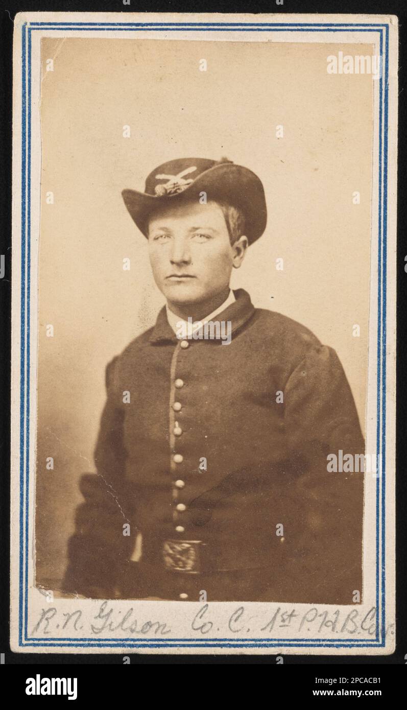 Private Richard Newton Gilson of Co. C, 1st Regiment, Maryland Cavalry, Potomac Home Brigade in uniform. Liljenquist Family Collection of Civil War Photographs , pp/liljpaper. Gilson, Richard Newton, -1864, United States, Army, Maryland, Potomac Home Brigade, Cavalry Regiment, 1st (1864-1865), People, Soldiers, Union, 1860-1870, Military uniforms, Union, 1860-1870, United States, History, Civil War, 1861-1865, Military personnel, Union. Stock Photo