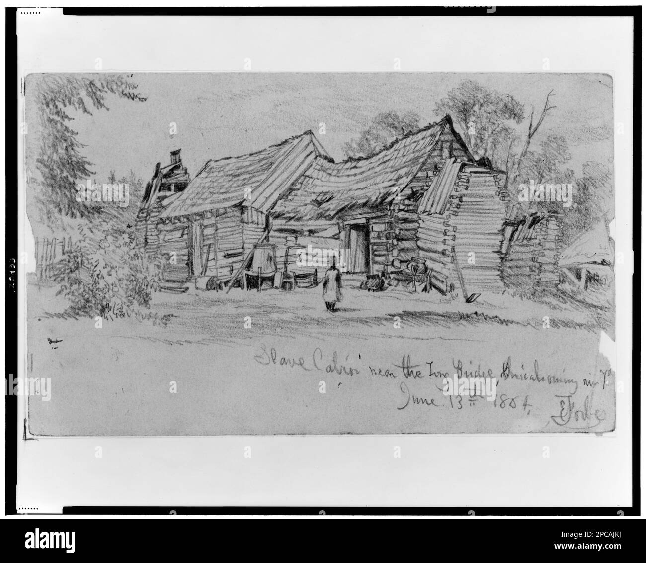 Slave cabin near the Long Bridge, Chicahominy River, Virginia, June 13th 1864 / E. Forbes.. Morgan collection of Civil War drawings. African Americans, Structures, 1860-1870, Log cabins, 1860-1870, Slave quarters, 1860-1870, United States, History, Civil War, 1861-1865, United States, Virginia Stock Photo