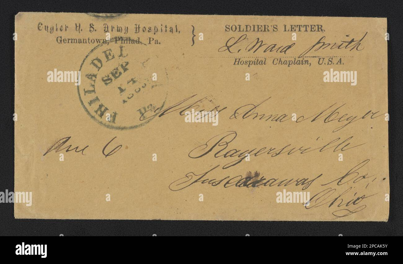 Civil War envelope with message 'Soldier's letter' from Cuyler U.S. Army Hospital, Germantown, Philadelphia, Pennsylvania, signed by L. Ward Smith, Hospital Chaplain. Liljenquist Family Collection of Civil War Photographs , pp/liljmem. Meyer, Frederick, Associated objects, United States, Army, Ohio Infantry Regiment, 126th (1862-1865) , United States, History, Civil War, 1861-1865, Social aspects. Stock Photo