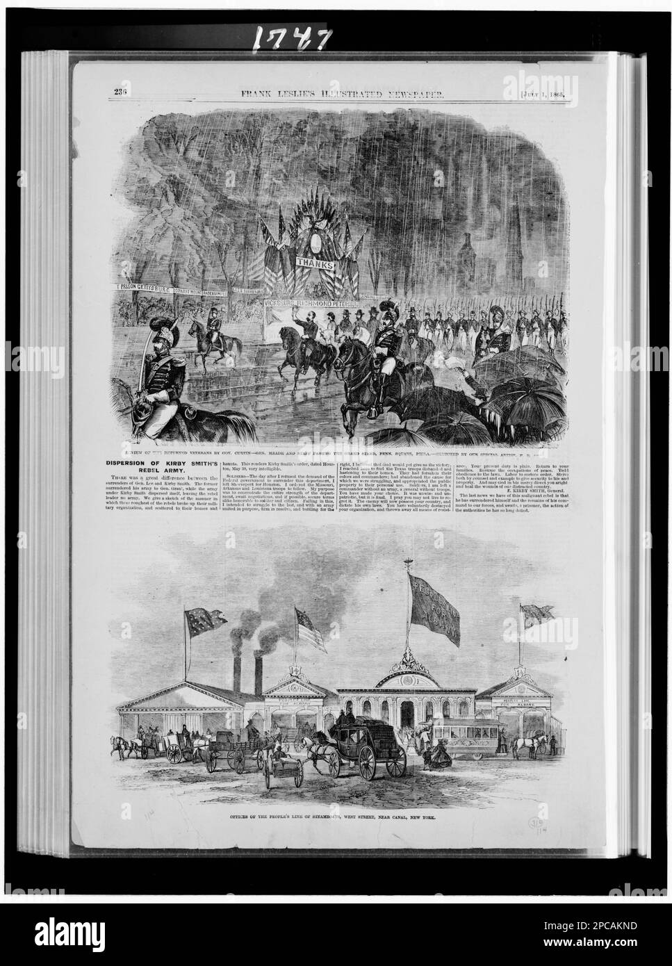 Review of the returned veterans by Gov. Curtin--General Meade and staff passing the grand stand, Penn. Square, Phila. / / sketched by our special artist ... Offices of the People's Line of Steamboats, West Street, near Canal, New York. Illus. in: Frank Leslie's illustrated newspaper, 1865 July 1, p. 236. Marine terminals, New York (State), New York, 1860-1870, Military parades & ceremonies, Pennsylvania, Philadelphia, 1860-1870, United States, History, Civil War, 1861-1865, Peace. Stock Photo
