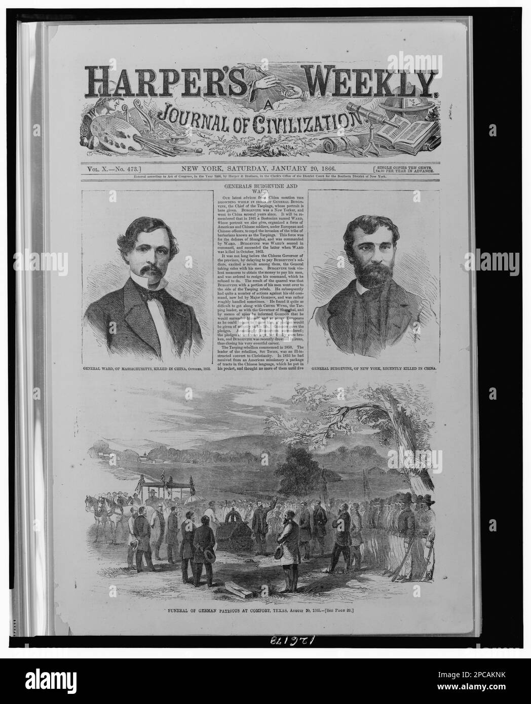 General Ward, of Massachusetts, killed in China, October, 1862 General Burgevine, of New York, recently killed in China ; Funeral of German patriots at Comfort, Texas, August 20, 1865.. Three illustrations in: Harper's weekly, v. 10, no. 473 (1866 Jan. 20), p. 33. Ward, Frederick Townsend, 1831-1862, United States, History, Civil War, 1861-1865, Cemeteries, Funeral rites & ceremonies, Texas, Comfort, 1860-1870, China, History, Taiping Rebellion, 1850-1864, Casualties, American. Stock Photo