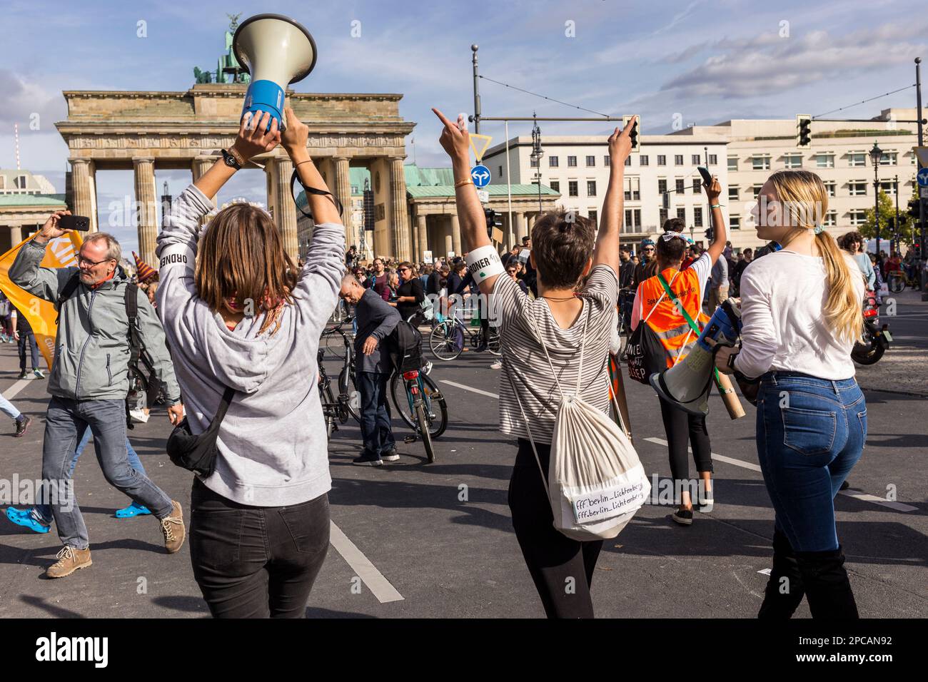Berlin, Germany 9-20-2019 Young women take to the streets making noise during a global strike protesting climate change. Fridays For Future Berlin Stock Photo