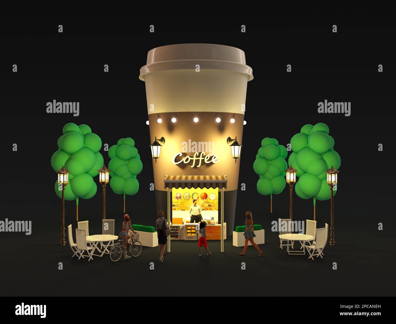 Isometric coffee shop in the form of paper coffee cup tiny cartoon