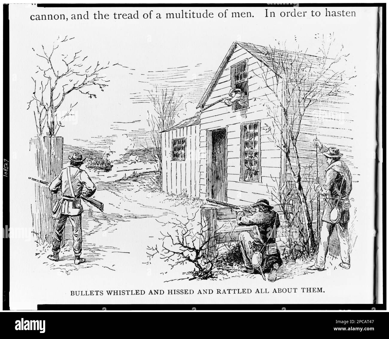 Bullets whistled and hissed and rattled all about them. Illus. in What