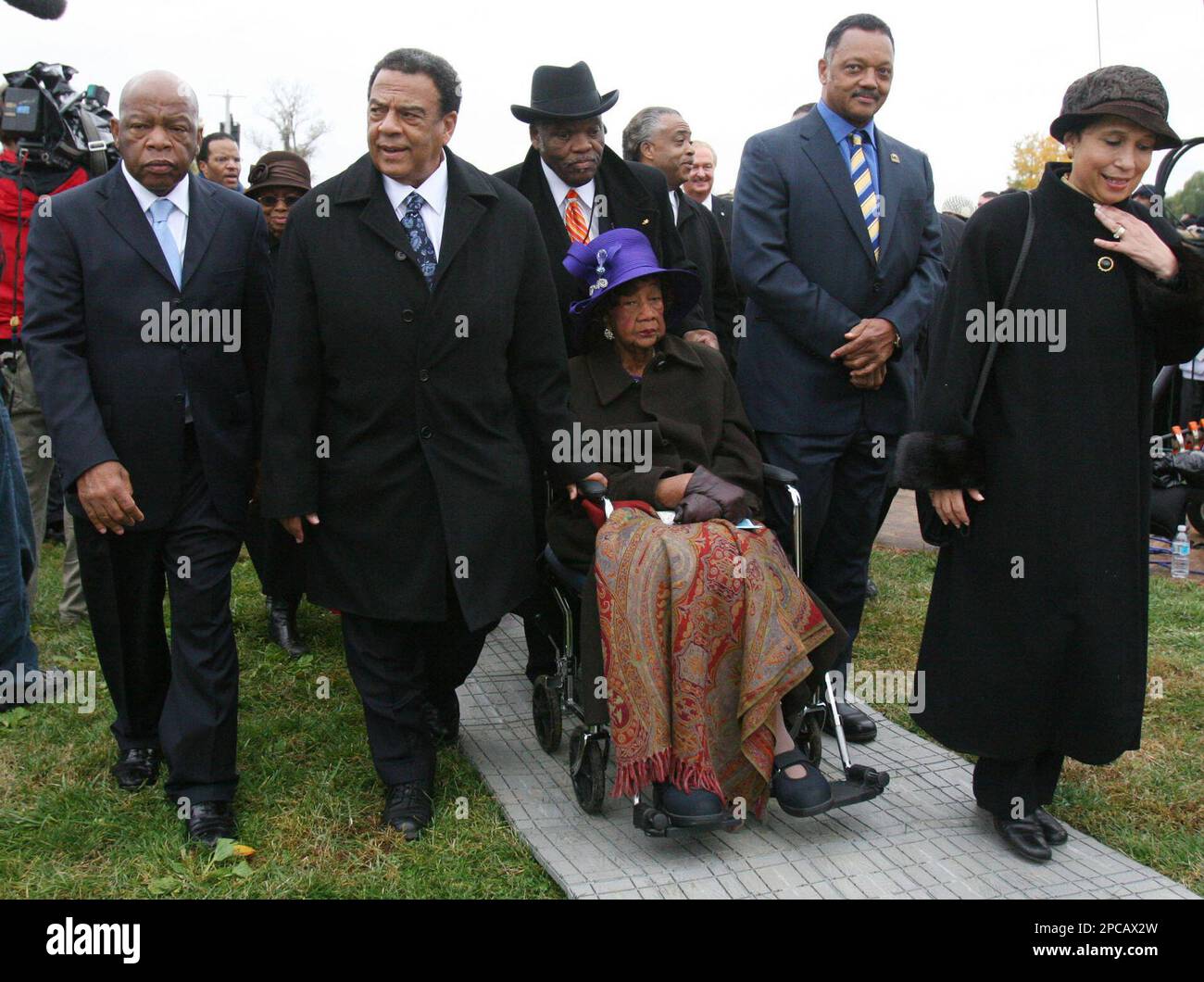 National Council of Negro Women President Dorothy Height, in wheelchair, is  accompanied by Rep. John Lewis, D-Ga., from left, former Amb. Andrew Young,  Rev. Jesse Jackson, and former Secretary of Labor Alexis