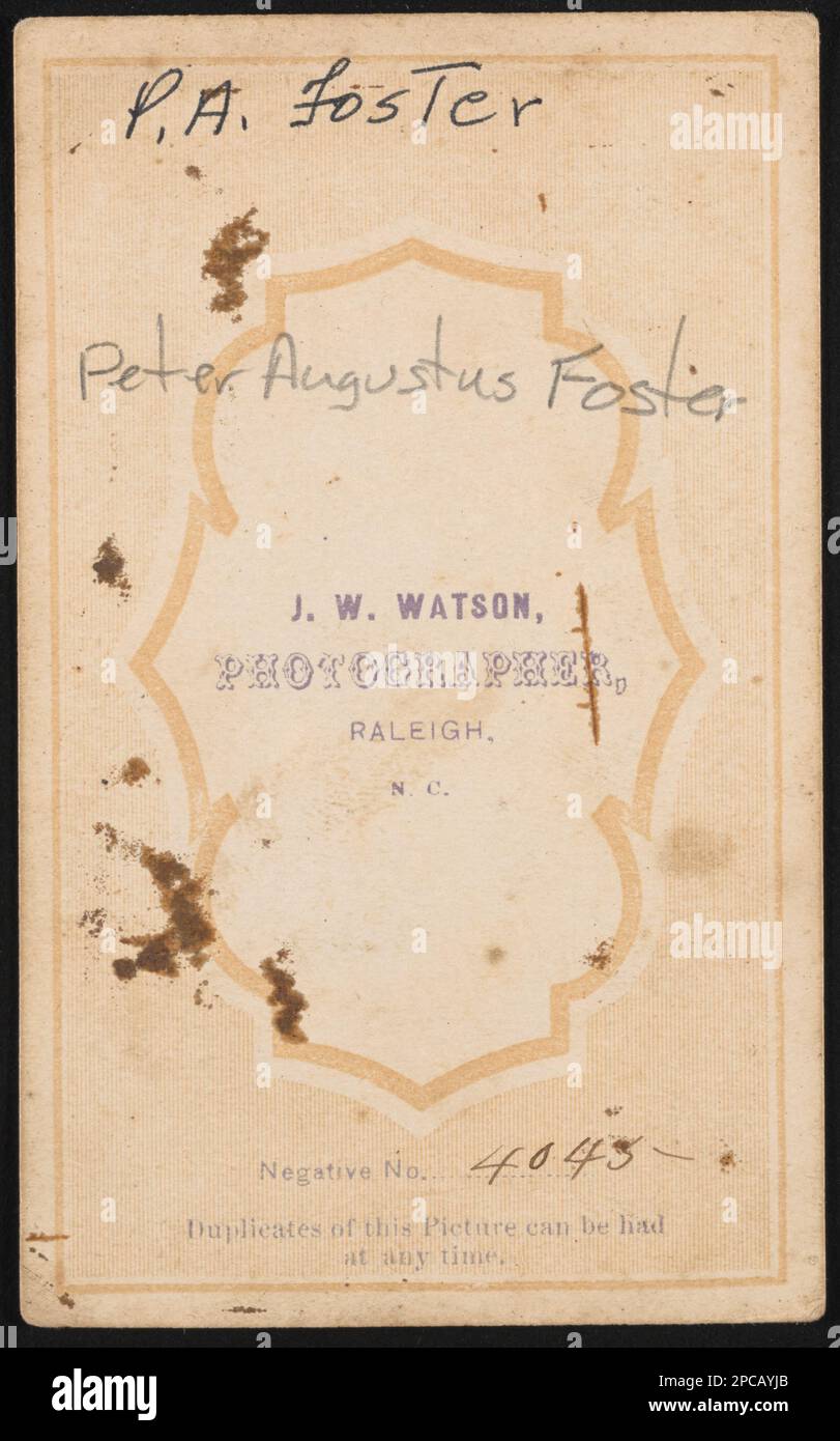 Private P.A. Foster of Co. D, 8th North Carolina Infantry Regiment in uniform / J.W. Watson, photographer, Raleigh.. Liljenquist Family Collection of Civil War Photographs , pp/liljpaper. Confederate States of America, Army, North Carolina Infantry Regiment, 8th, People, Soldiers, Confederate, 1860-1870, Military uniforms, Confederate, 1860-1870, United States, History, Civil War, 1861-1865, Military personnel, Confederate. Stock Photo