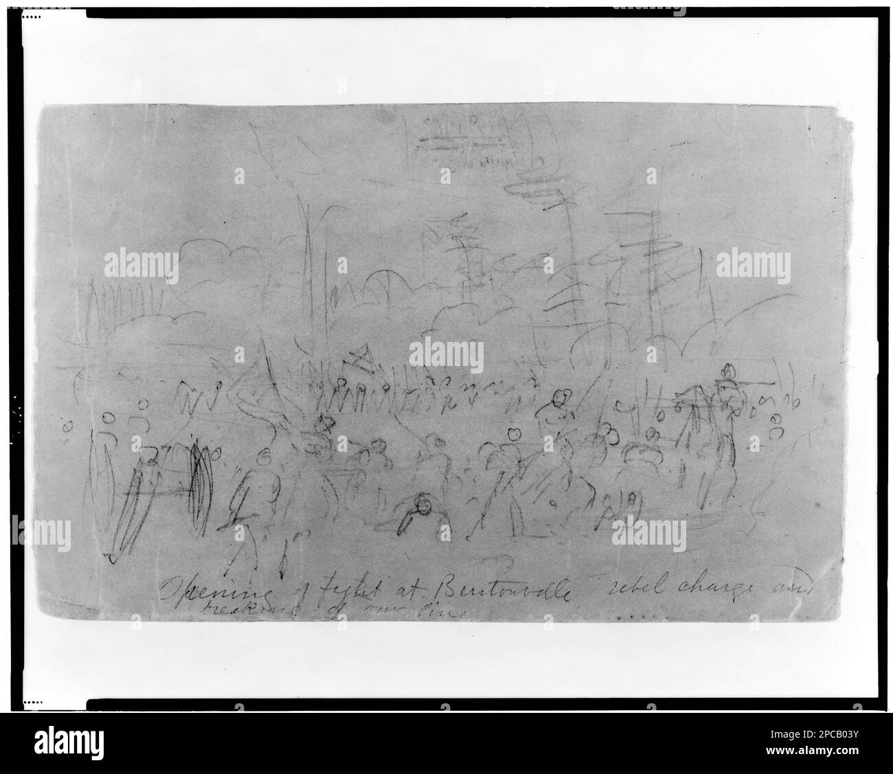 Opening of fight at Bentonville rebel charge and breaking of our line. Morgan collection of Civil War drawings. Bentonville, Battle of, Bentonville, N.C, 1865, Soldiers, Union, 1860-1870, United States, History, Civil War, 1861-1865, Campaigns & battles, United States, North Carolina, Bentonville Stock Photo