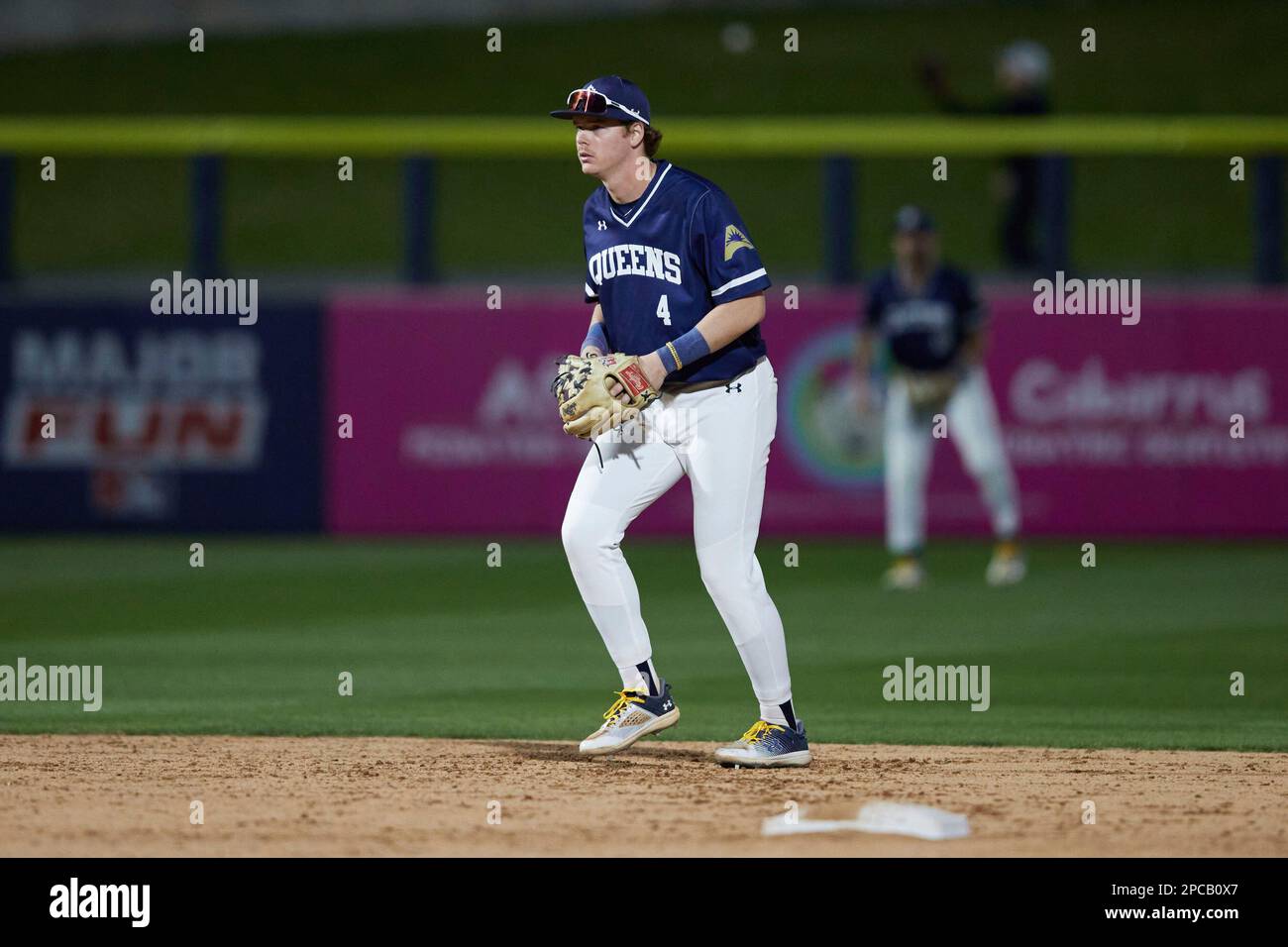 Queens Royals shortstop Tyler Peters (4) on defense against the East Carolina Pirates at Atrium