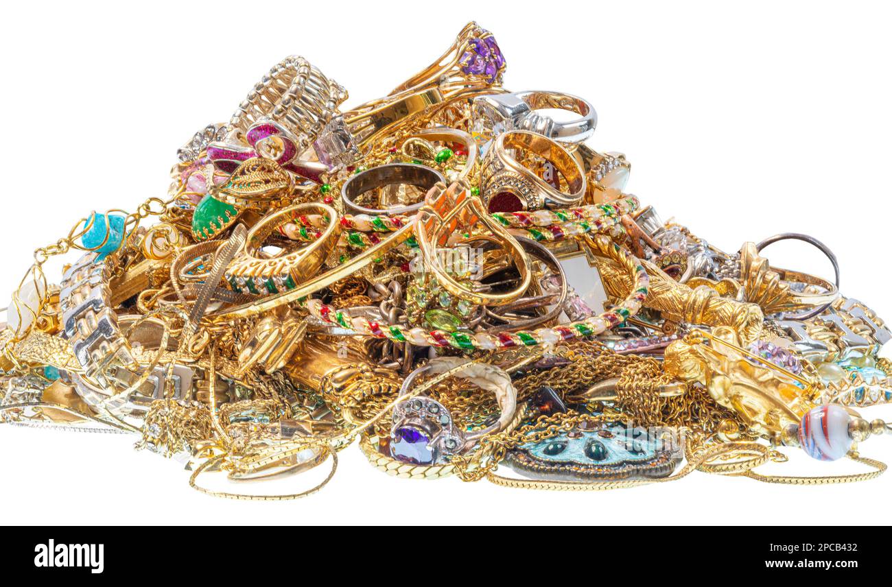 Horizontal shot of a collection of vintage jewelry on a white background. Stock Photo