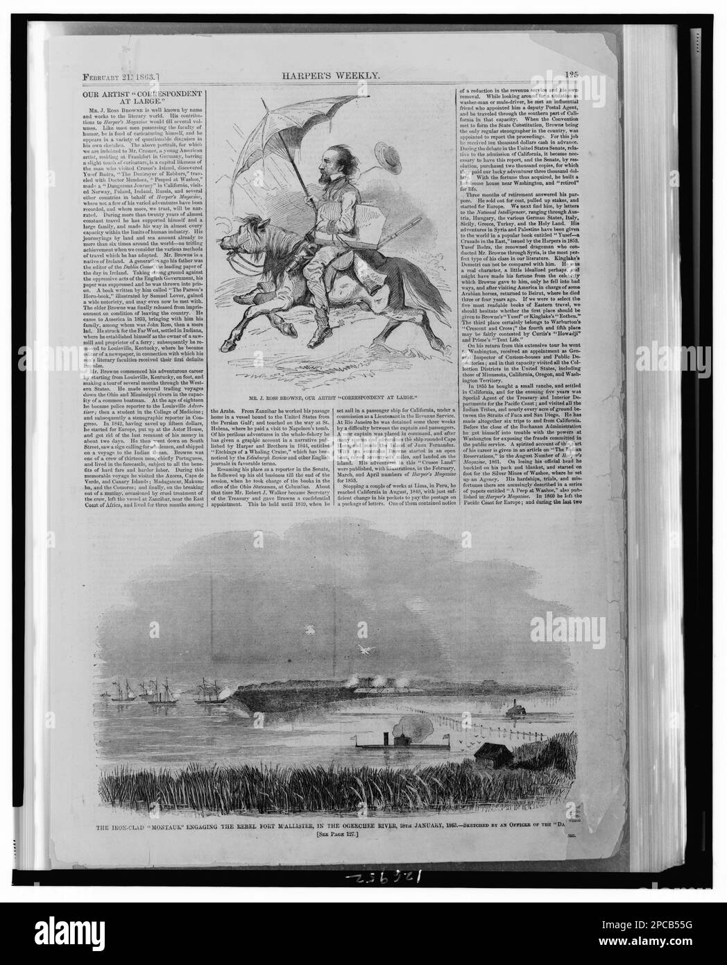 Mr. J. Ross Browne, our artist 'correspondent at large' The iron-clad 'Montauk' engaging the rebel Fort M'Allister, in the Ogeechee River, 28th January, 1863 / / sketched by an officer of the 'Da.... Illus. in: Harper's weekly, v. 7, no. 321 (1863 Feb. 21), p. 125. Browne, J. Ross, (John Ross), 1821-1875, Forts & fortifications, Georgia, 1860-1870, Turret ships, Georgia, 1860-1870, Fort McAllister (Ga. : Fort), 1860-1870, United States, History, Civil War, 1861-1865, Naval operations, Union. Stock Photo