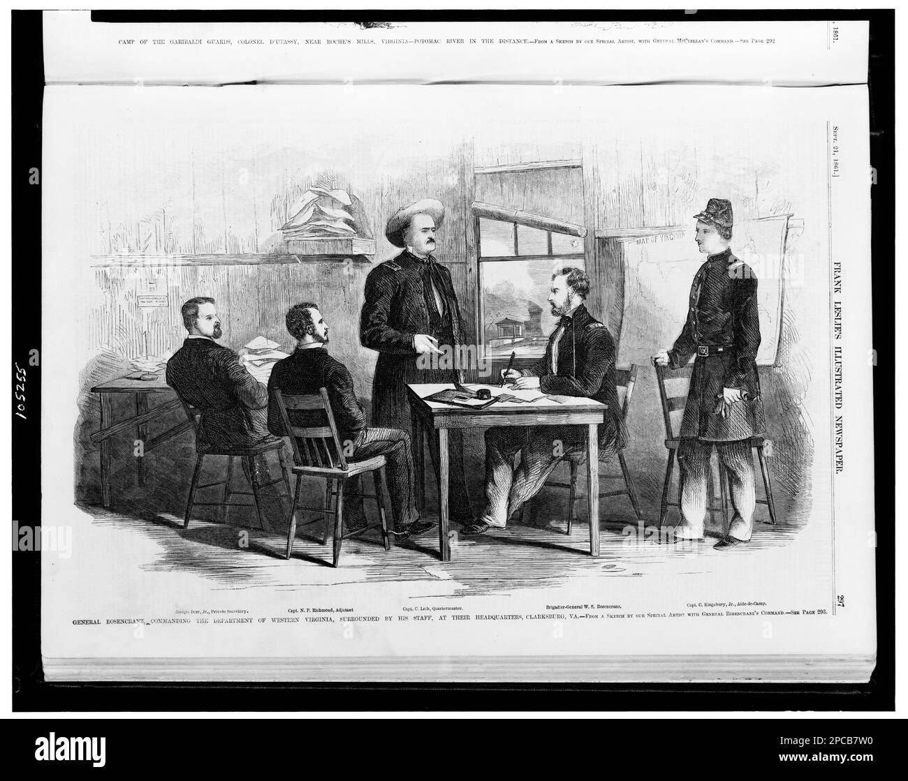 General Rosencranz, i.e. Rosecrans commanding the Department of Western Virginia, surrounded by his staff, at their headquarters, Clarksburg, Virginia / from a sketch by our special artist with General Rosencranz's i.e. Rosecrans command. , General Rosencranz, commanding the Department of Western VirginiaGeneral Rosecrans commanding the Department of Western Virginia. Wood engraving from a sketch by Henri Lovie (1829-1975), field artist for Frank Leslie's Illustrated Newspaper during the Civil War, Illus. in: Frank Leslie's illustrated newspaper, 1861 Sept. 21, p. 297. Rosecrans, William S, (W Stock Photo