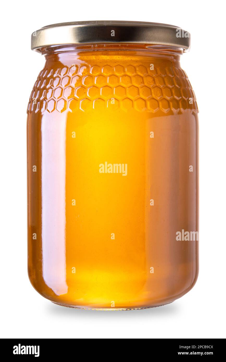 Glass jar of honey, orange honey, isolated on white with clipping path