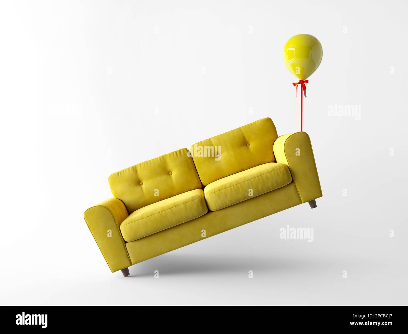 Furniture store, the prices are weightless like a balloon. Abstract creative concept idea of yellow sofa is floating up by one balloon on white back Stock Photo