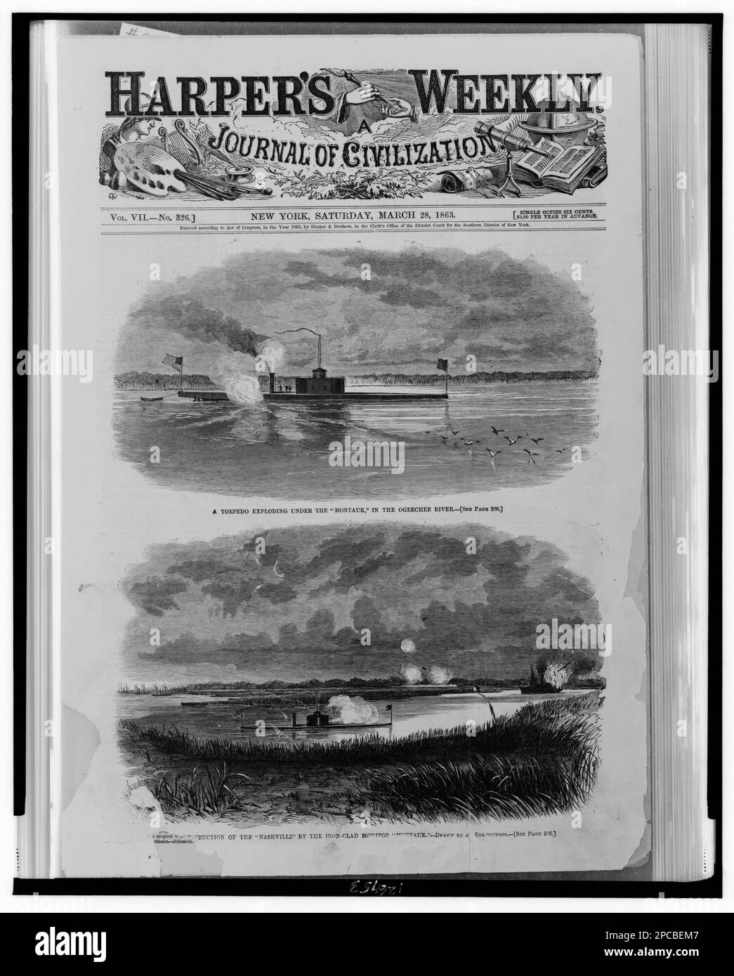 A torpedo exploding under the 'Montauk,' in the Ogeechee River Destruction of the 'Nashville' by the iron-clad monitor 'Montauk' / / drawn by an eye-witness.. Illus. in: Harper's weekly, v. 7, no. 326 (1863 March 28), p. 193. Nashville (Ship), 1860-1870, Turret ships, Georgia, Ogeechee River, 1860-1870, Naval operations, Georgia, Ogeechee River, 1860-1870, United States, History, Civil War, 1861-1865, Naval operations. Stock Photo