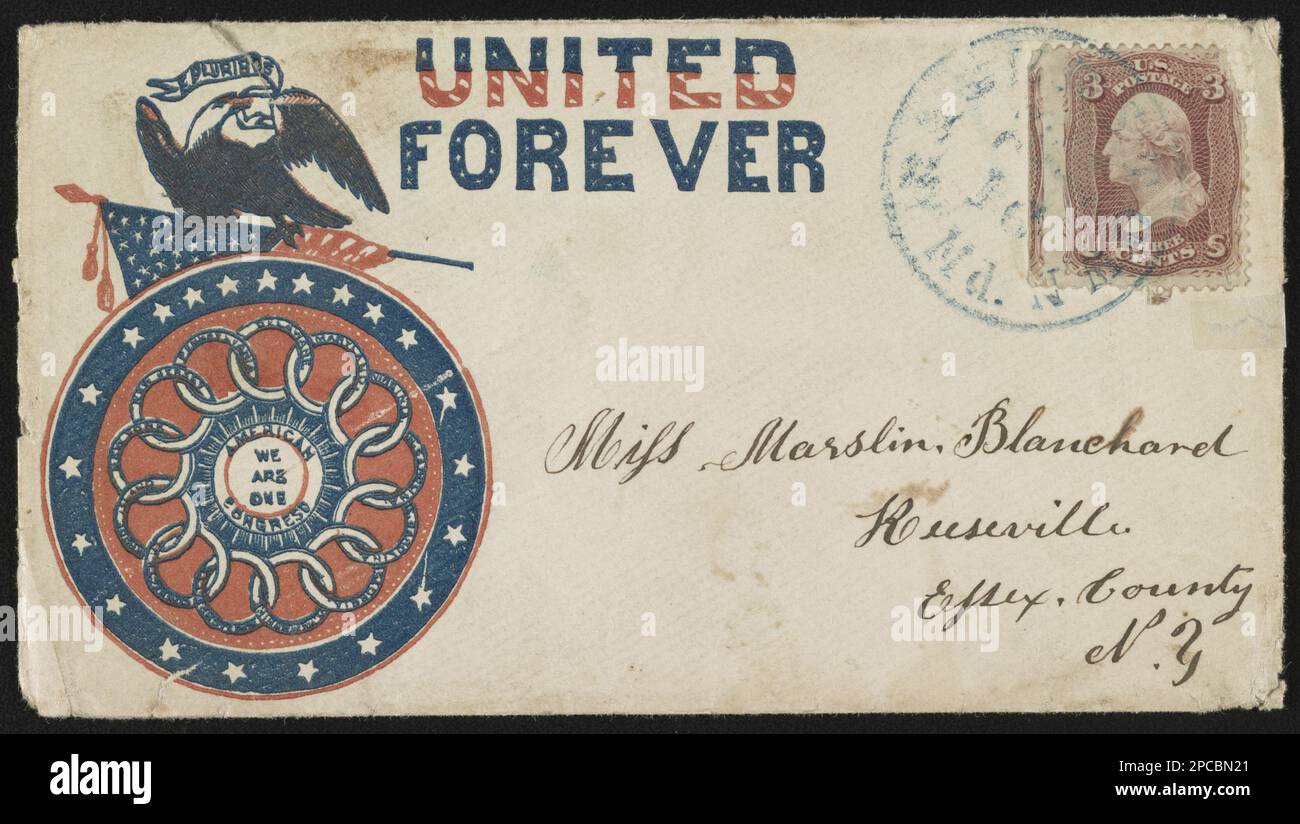 Civil War envelope showing eagle atop American flag and 'American Congress, we are one' medallion with message 'United forever'. Title devised by Library staff, Addressed to Miss Marslin Blanchard, Keeseville, Essex County, N.Y.; bears 3 cent stamp, Gift; Tom Liljenquist; 2012; (DLC/PP-2012:127), pp/liljmem. United States, History, Civil War, 1861-1865, Social aspects, Eagles, 1860-1870, Symbols, 1860-1870, Flags, American, 1860-1870. Stock Photo
