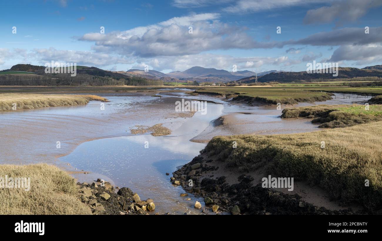 Estuary of the River Esk in Cumbria, which starts in the Scafell range of mountains in the Lake District before entering the Irish Sea near Ravenglass Stock Photo