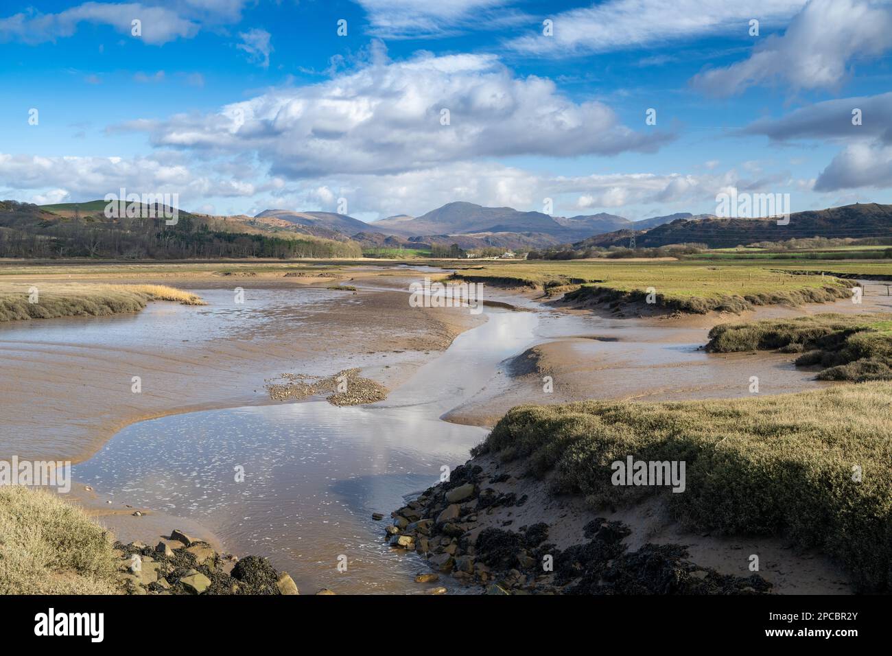 Estuary of the River Esk in Cumbria, which starts in the Scafell range of mountains in the Lake District before entering the Irish Sea near Ravenglass Stock Photo