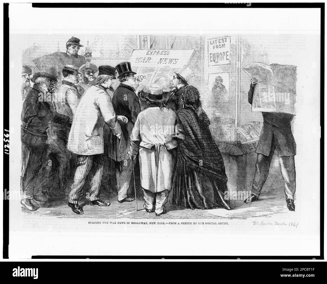 Reading the war news in Broadway, New York / /from a sketch by our special artist.. Illustration from: Illustrated London news, 1861. United States, History, Civil War, 1861-1865, Communications, Newspapers, New York (State), New York, 1860-1870. Stock Photo