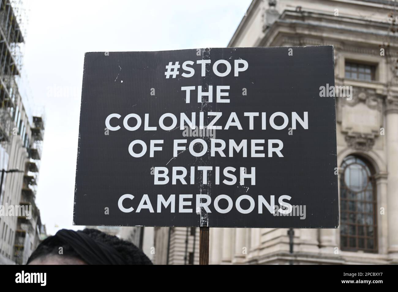 Westminster, London, UK. 13th March 2023. Cameroons community protest during His Majesty, King Charles III and Her Majesty Camilla - Stop colonization of former British Cameroons divided the South and the killing of Cameroons London, UK. Credit: See Li/Picture Capital/Alamy Live News Stock Photo