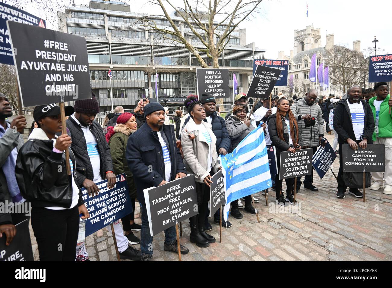 Westminster, London, UK. 13th March 2023. Cameroons community protest during His Majesty, King Charles III and Her Majesty Camilla - Stop colonization of former British Cameroons divided the South and the killing of Cameroons London, UK. Credit: See Li/Picture Capital/Alamy Live News Stock Photo