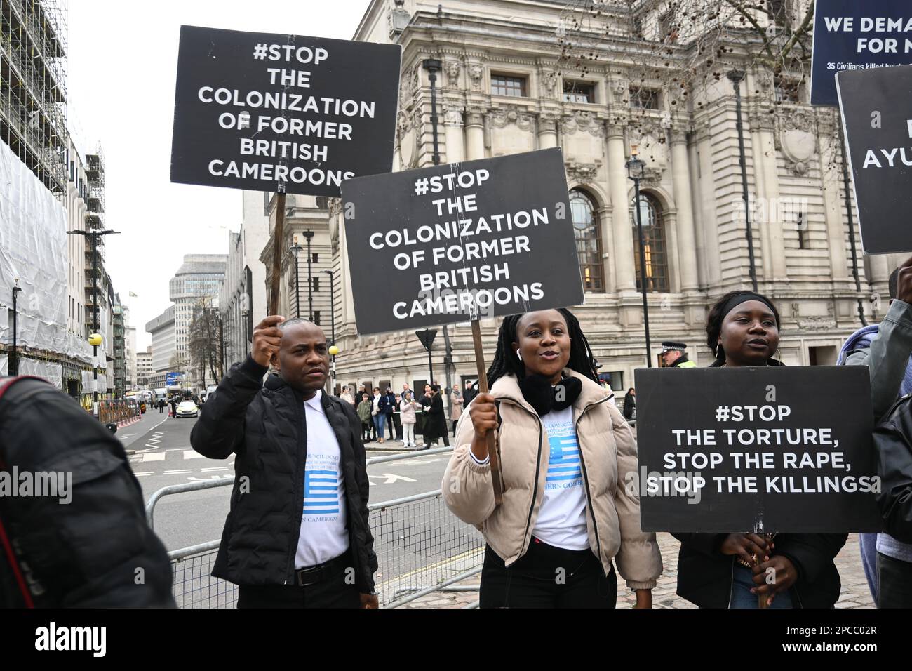 Westminster, London, UK. 13th March 2023. Cameroons community protest during His Majesty, King Charles III and Her Majesty Camilla - Stop colonization of former British Cameroons divided the South and the killing of Cameroons London, UK. Credit: See Li/Picture Capital/Alamy Live News Stock Photo