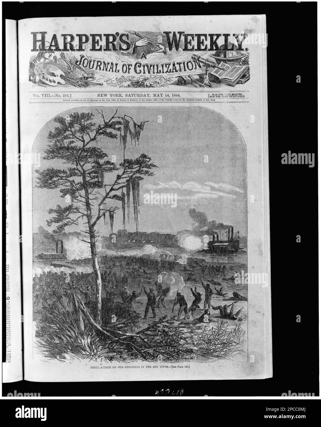 Rebel attack on our gun-boats in the Red River. Illus. in: Harper's weekly, v. 8, 1864 May 14, p. 305. Naval warfare, Red River (Tex.-La.), 1860-1870, United States, History, Civil War, 1861-1865, Campaigns & battles. Stock Photo