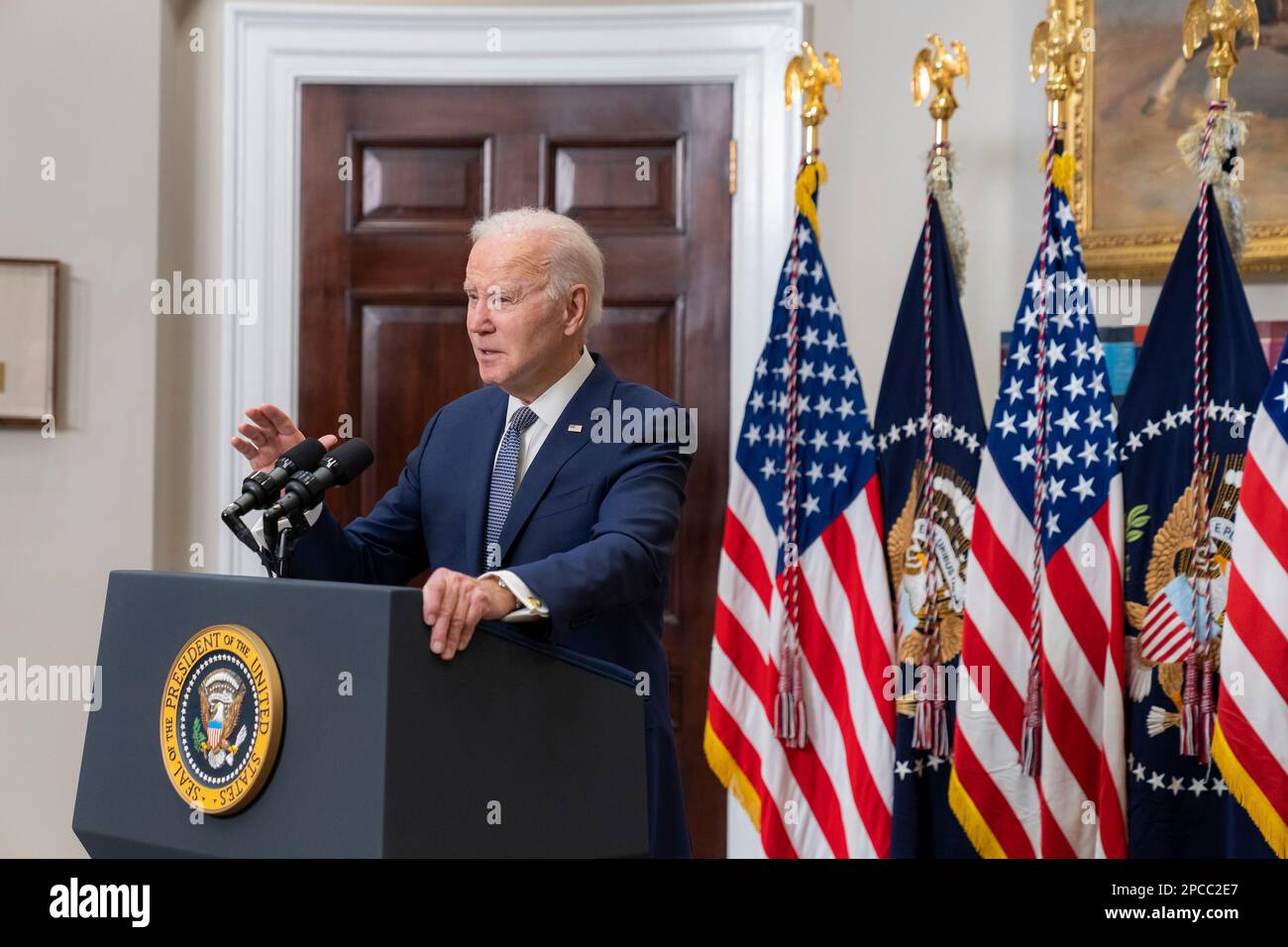 Washington, United States Of America. 13th Mar, 2023. Washington, United States of America. 13 March, 2023. U.S President Joe Biden delivers remarks on the banking system and his decision to bailout Silicon Valley Bank in the Roosevelt Room of the White House, March 13, 2023 in Washington, DC The government moved to bailout SVB and Signature Bank to steady the banking system and restore confidence. Credit: Adam Schultz/White House Photo/Alamy Live News Stock Photo