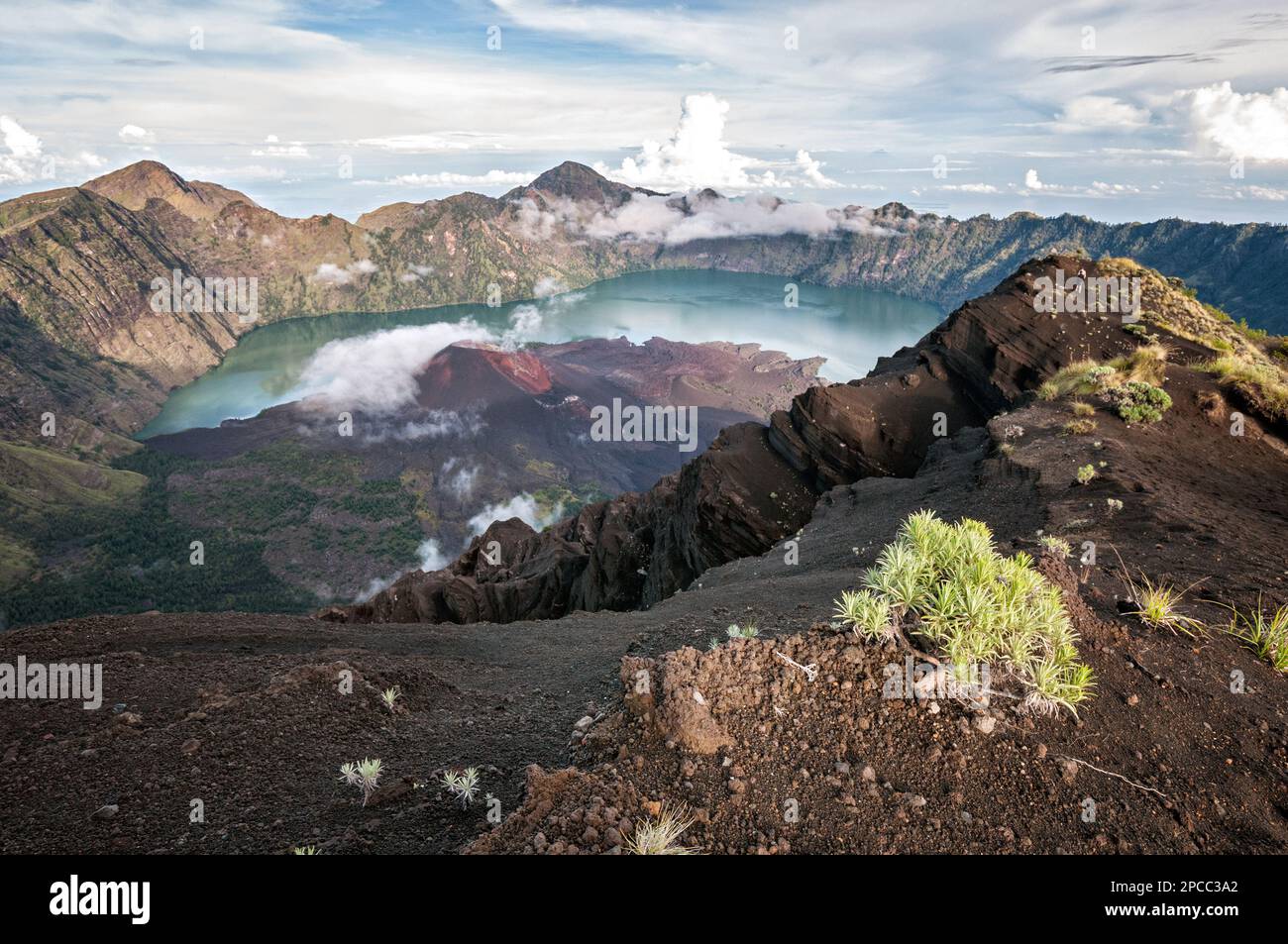 Caldera Segara Anak and its active volcano on Mount Rinjani, Lombok, Indonesia Stock Photo