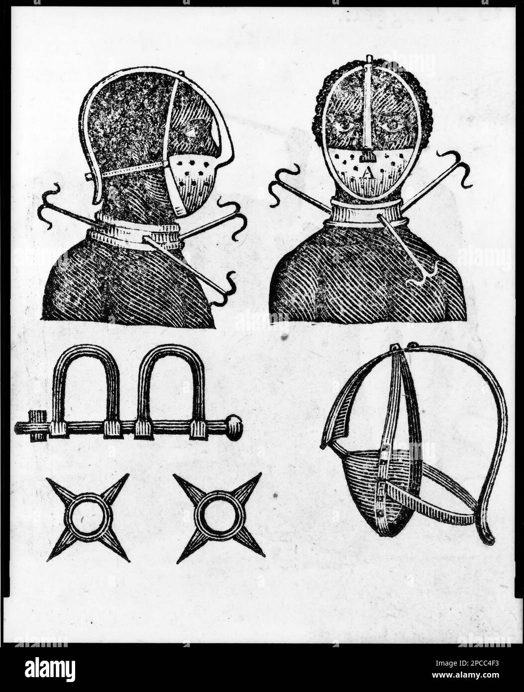 Iron mask, collar, leg shackles and spurs used to restrict slaves.  A woodcut  from 'The Penitential Tyrant' by Thomas Branagan.  New York. 1807. Stock Photo