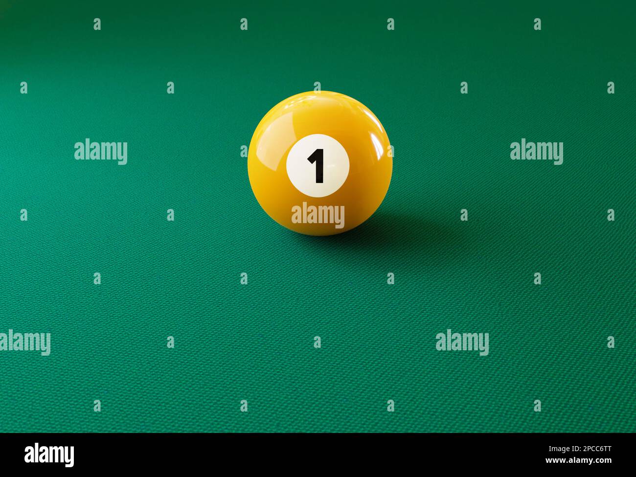 Billiard ball number one isolated on the green table. Photo with copy
