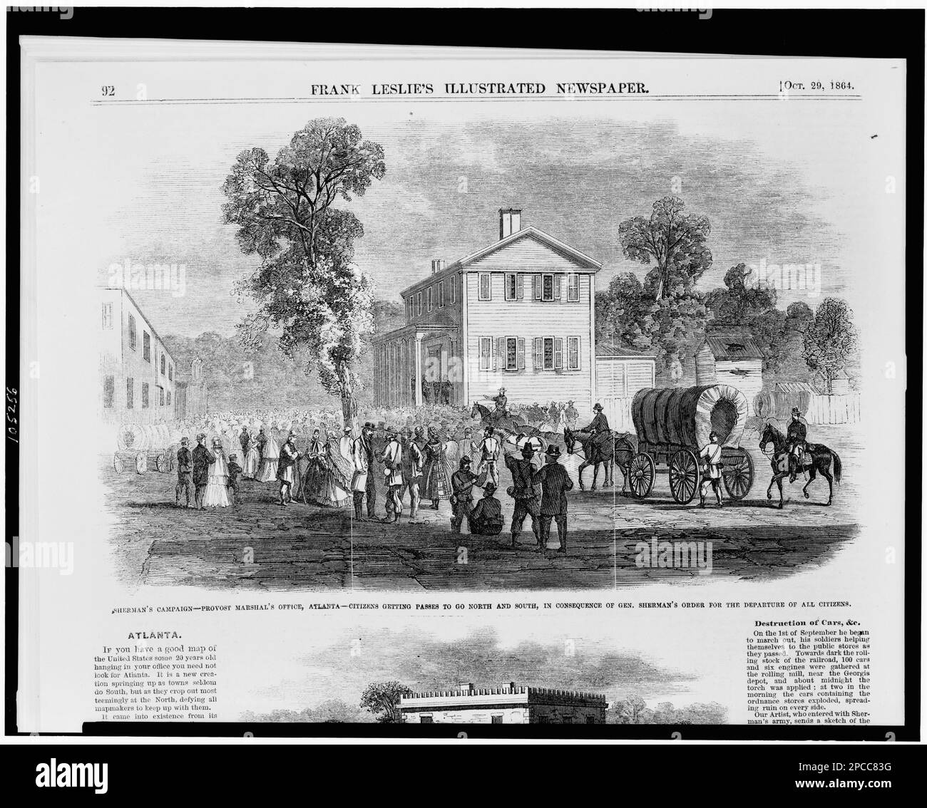 Sherman's campaign--provost marshal's office, Atlanta--citizens getting passes to go north and south, in consequence of General Sherman's order for the departure of all citizens. Illus. in: Frank Leslie's illustrated newspaper, 1864 Oct. 29, p. 92. United States, History, Civil War, 1861-1865, Civil defense, Evacuations, Georgia, Atlanta, 1860-1870. Stock Photo