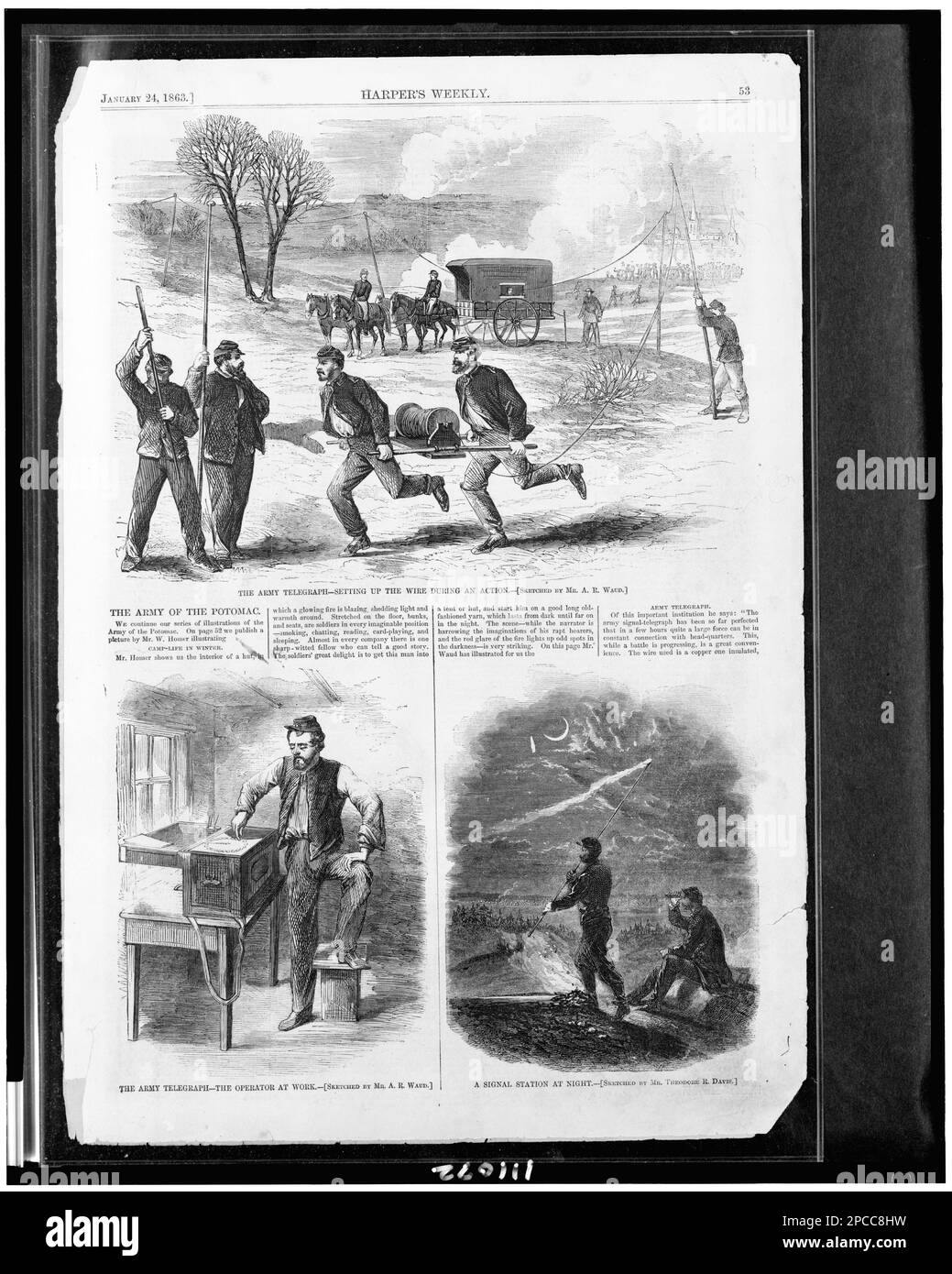 The Army telegraph - setting up the wire during an action The Army telegraph - the operator at work / / sketched by Mr. A.R. Waud. A signal station at night / sketched Mr. Theodore R. Davis.. 3 illustrations in: Harper's weekly, 1863 Jan. 24, p. 53. United States, History, Civil War, 1861-1865, Communications, Telegraph, United states, 1860-1870, Soldiers, Union, 1860-1870. Stock Photo