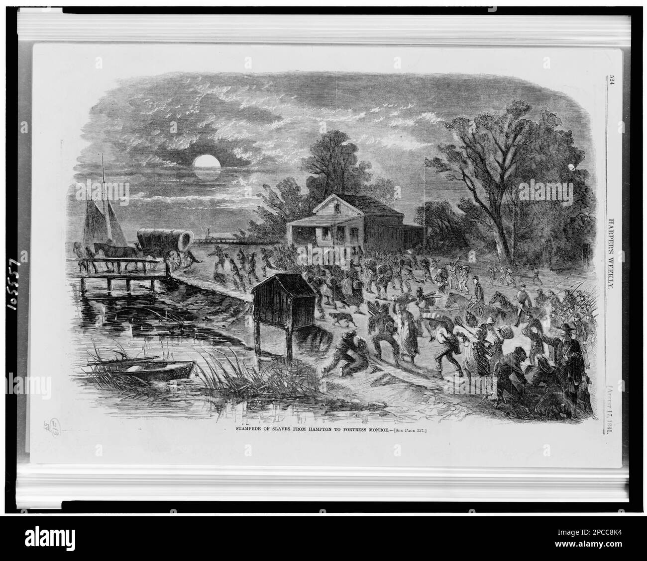 Stampede of slaves from Hampton to Fortress Monroe. Title from item, Illus. in: Harper's weekly, v. 5, no. 242 (1861 August 17), p. 524, Exhibited: 'The Civil War in America' at the Library of Congress, Washington, D.C, 2013. Slavery, Virginia, Hampton, 1860-1870, Night, 1860-1870, Moonlight, Virginia, Hampton, 1860-1870, Fort Monroe (Va.), 1860-1870, United States, History, Civil War, 1861-1865, African Americans, United States, History, Civil War, 1861-1865, Refugees. Stock Photo