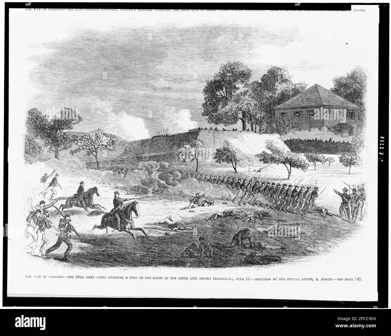 The war in Virginia - the 18th Army Corps storming a fort on the right of the Rebel line before Petersburg, June 15 / sketched by our special artist, E. Forbes.. Illus. in: Frank Leslie's illustrated newspaper, 1864 July 9, p. 244. United States, History, Civil War, 1861-1865, Campaigns & battles, Soldiers, Virginia, Petersburg, 1860-1870. Stock Photo