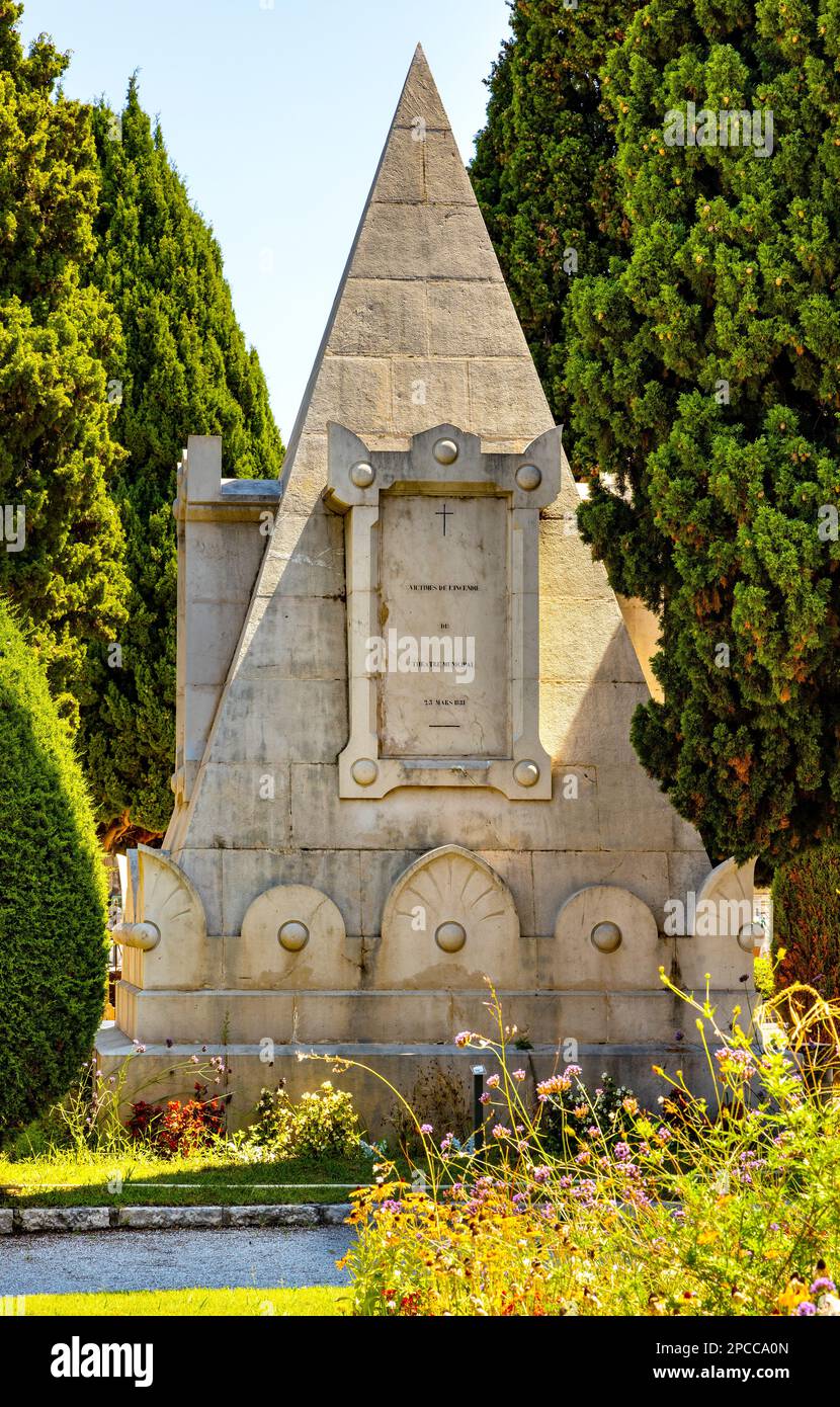 Nice, France - August 3, 2022: Victims memorial of opera house theater fire of March 23, 1881 in historic Cimetiere do Chateau Cemetery Stock Photo