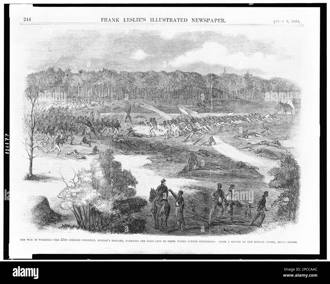 The war in Virginia - the 22nd Colored Regiment, Duncan's brigade, carrying the first line of Rebel works before Petersburg / from a sketch by our special artist, Edwin Forbes.. Illus. in: Frank Leslie's illustrated newspaper, 1864 July 9, p. 244. United States, History, Civil War, 1861-1865, Campaigns & battles, Soldiers, Union, Virginia, Petersburg, 1860-1870, Soldiers, Confederate, Virginia, Petersburg, 1860-1870, African Americans, Military service, 1860-1870. Stock Photo