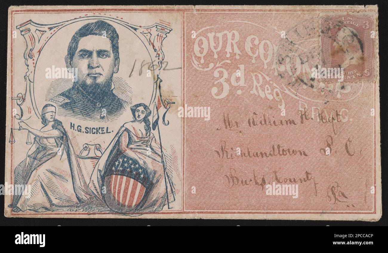 Civil War envelope showing portrait of Colonel Horatio Gates Sickel of Co. K, 32nd Pennsylvania Infantry Regiment, inset in medallion decorated with figures of Justice and Columbia, with message 'Our Colonel, 3d. Reg. P.R.V.C.'. Title devised by Library staff, Addressed to Mr. William H. Heft, Richlandtown P.O, Bucks County, Pa.; bears 3 cent stamp; postmarked at Washington, D.C, December 1862, The 32nd Pennsylvania Infantry Regiment was the 3rd of the Pennsylvania reserve corps regiments, Gift; Tom Liljenquist; 2012; (DLC/PP-2012:127), pp/liljmem. Sickel, H. G, (Horatio Gates), 1817-1890, Uni Stock Photo
