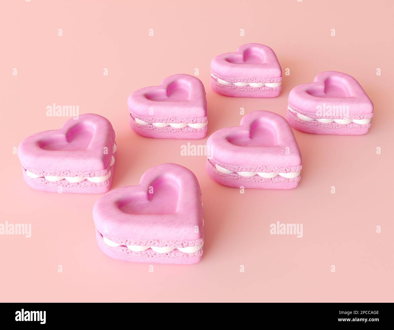 Tasty heart-shaped macaroons on the table, love macaroon with white cream swirl. Flat pastel pink background. Six small pink heart shape cakes in row. Stock Photo