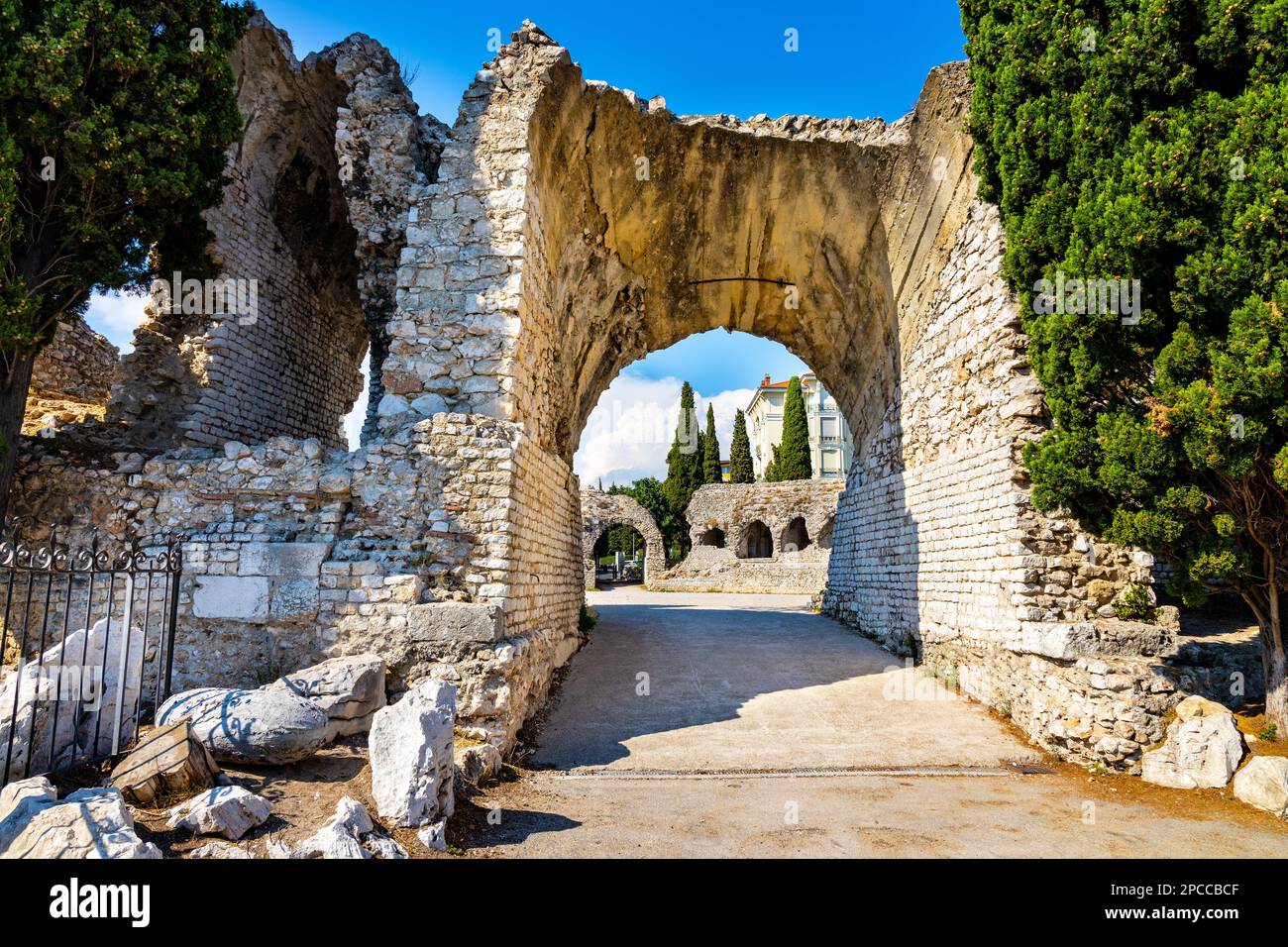 Nice, France - August 7, 2022: Ancient Roman Amphitheater in Cemenelum archeological excavation site in Cimiez district of Nice on French Riviera Stock Photo