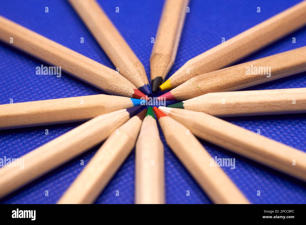 Multi-colored pencils on a blue background. Learning and creativity concept Stock Photo
